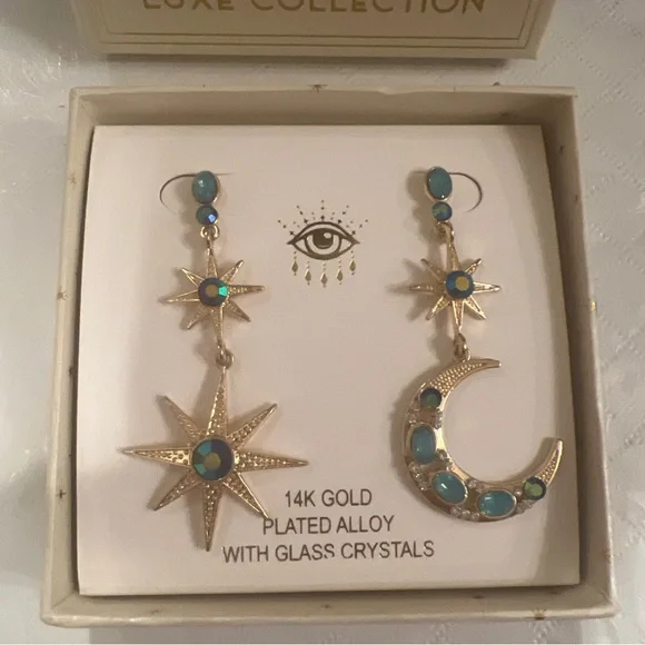 Eye Candy Gold Star and Moon Earrings with Blue Crystals - Picture 3 of 4